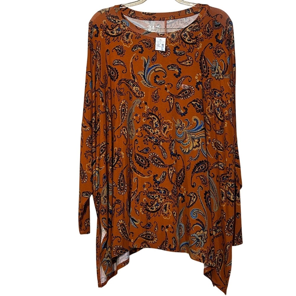 Maurices 24/7 Womens 2X Rust Orange Paisley Sharkbite Hem Long Sleeve Tunic Top